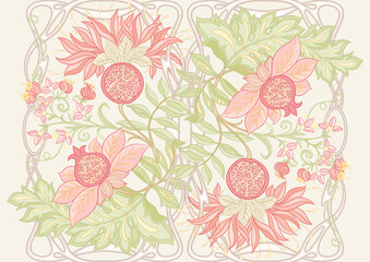 Decorative pomegranate fruits and flowers in art nouveau style, vintage, old, retro style. Seamless pattern, background. Vector illustration.