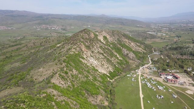 Aerial Spring view of Kozhuh Mountain and Petrich valley, Bulgaria