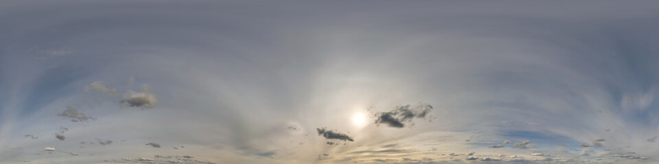 evening dark blue sky hdr 360 panorama with white beautiful clouds in seamless projection with zenith for use in 3d graphics or game development as sky dome or edit drone shot for sky replacement