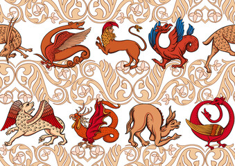 Medieval mythical animals, illuminati manuscript inspiration, romanesque style. Seamless pattern, background. Vector illustration. - obrazy, fototapety, plakaty