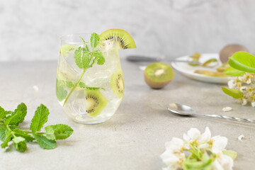 Kiwi mojito cocktail or caipirinha drink recipes with mint and ice in glasses close up. Summer cold drink kiwi lemonade