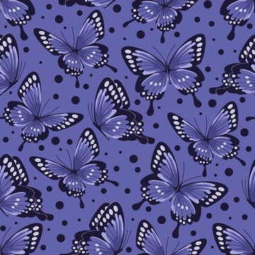 A bright pattern of blue butterflies and dots