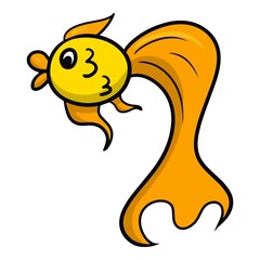 Cute yellow-orange golden aquarium fish with a big tail, vector cartoon illustration
