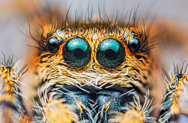 Spider portrait, jumping spider portrait - Pellenes tripunctatus © lukjonis