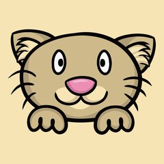 Cute light beige cat, contented cat face with paws, cartoon vector illustration