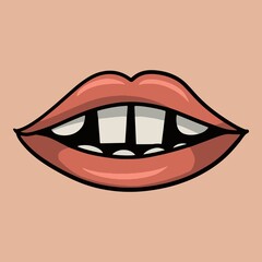 Cartoon pink lips with white square big teeth, vector illustration