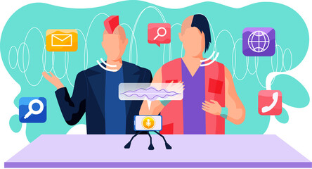 Rock band using smartphone to record audio message. Voice assistant software agent transmits speech. Sound recognition, vote controlled load speaker. Voice activated digital helper, identification