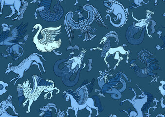 Symbolic, heraldic animals and creatures. Classic, traditional design. Historical ornament seamless pattern, background. Vector illustration.