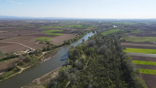 Aerial view of Chepelarska River, pouring into the Maritsa River near city of Plovdiv, Bulgaria