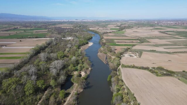 Aerial view of Chepelarska River, pouring into the Maritsa River near city of Plovdiv, Bulgaria