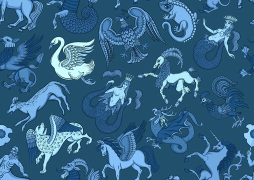 Symbolic, heraldic animals and creatures. Classic, traditional design. Historical ornament seamless pattern, background. Vector illustration. © Elen Lane