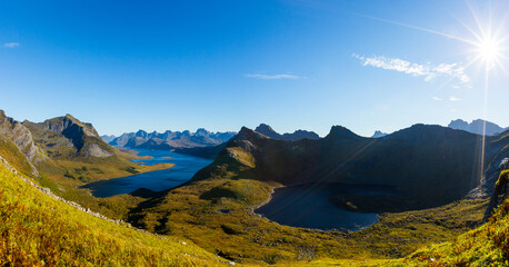 Autumn landscape and beach in Lofoten Islands, Northern Norway