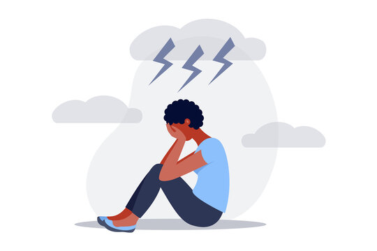 Depression, stress, unhappy black woman sitting and crying under cloudy storm sky. Sad female, mental health issues concept. Depressed, unhappy girl in flat vector illustration.