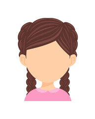 Face Blank of a Little Brunette Girl with Pigtails. Template. Female Beautiful Character. Pretty Empty Child. Portrait and Avatar. Flat Color Cartoon style. White background. Design Element. Vector.