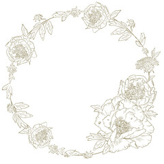 Elegant vector outline wreath of peonies and dandelions. Vintage floral mood. Maybe use for wallpaper, textile or card, mug coaster, wedding design.