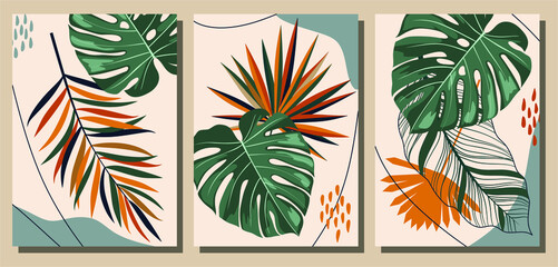 Abstract tropical leaves art set. Botanical art vector for print, cover, wallpaper, natural wall art.