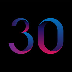 Neon blue-pink number thirty on a black background. Vector stock image