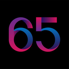 Neon blue-pink numeral sixty-five on a black background. Vector stock image
