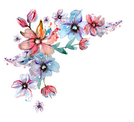 Watercolor floral design. Pink and Blue flowers and watercolor splashes. High quality photo