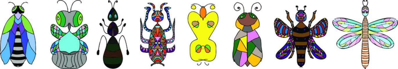 Set of insects in stained glass technique, vector illustration