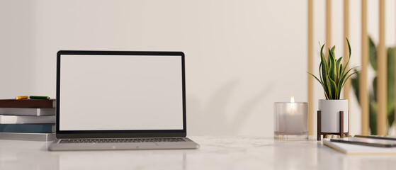 Close-up, Modern white table workspace with laptop computer