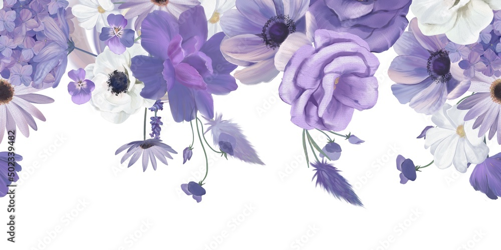 Wall mural Seamless border with purple watercolor flowers isolated on white background