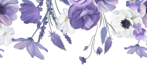 Seamless border with purple watercolor flowers isolated on white background