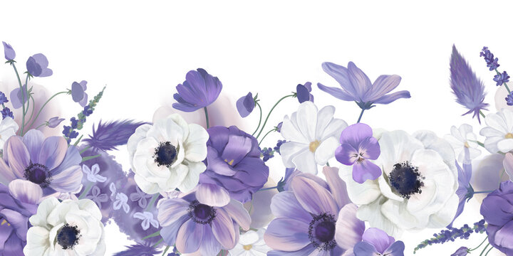 Seamless Border With Purple Watercolor Flowers Isolated On White Background