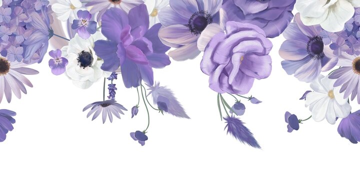 Seamless Border With Purple Watercolor Flowers Isolated On White Background
