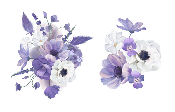 Purple watercolor flowers, bouquets isolated on white background