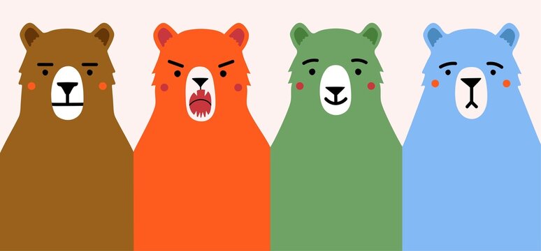 Vector set with bears in different emotions. Sad, angry, happy, neutral. Concept illustration of different mental states