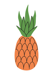 Hand drawn cute summer illustration of pineapple or ananas. Flat vector fresh fruit in simple colored doodle style. Tropical exotic raw food icon or print. Isolated on white background.