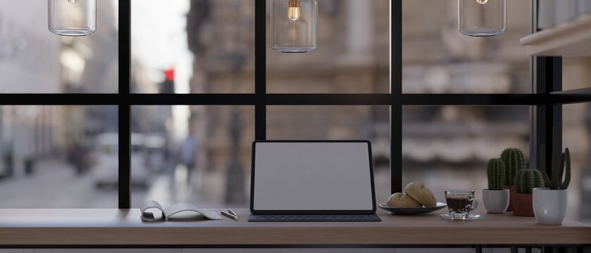 Workspace in a offee shop with tablet mockup on table against the window with the city street view