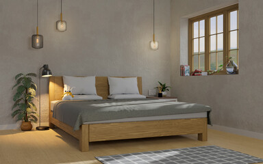 Modern minimal comfortable bedroom interior design with comfy wooden bed
