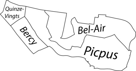 White flat vector administrative map of the 12TH ARONDISSEMENT (DE REUILLY), PARIS, FRANCE with name tags and black border lines of its quarters