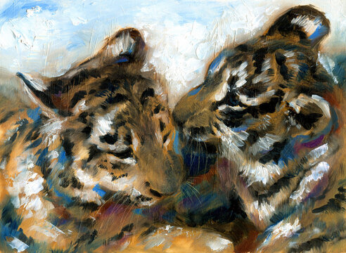 Oil painting with large brush strokes with wild animals - tigers, on the theme of family, love, cute.