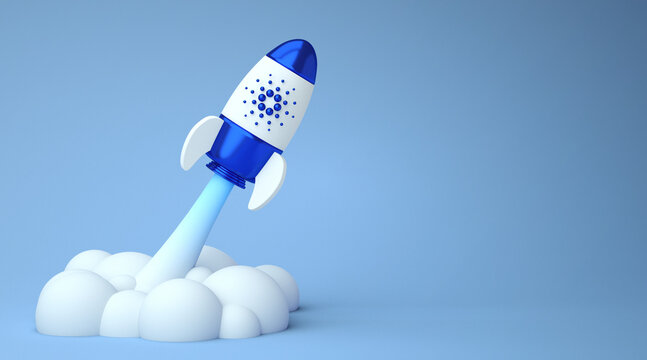 Valencia, Spain - May, 2022: Cardano to the moon, bullish altcoin ADA cryptocurrency. Cardano token crypto currency logo in a rocket with copy space background in 3D rendering. Blockchain defi