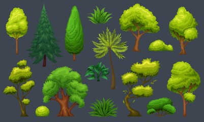Fototapeta Trees and bushes. Green shrubs, bonsai, garden and forest trees vector illustration. Icons for design landscape park, forest, backyard. obraz