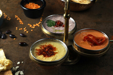 Colorful tasty sauces spacied with traditional one
