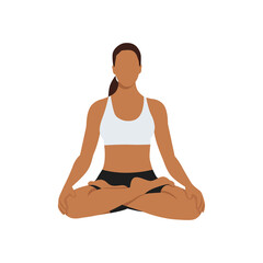 Woman doing lotus pose padmasana exercise. Flat vector illustration isolated on white background