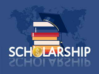 Scholarship for international students, master, PhD, flat vector concept. Text at  stack of books, graduate hat, dollar coin, world map. For landing page, template, ui, web, mobile app, poster, banner