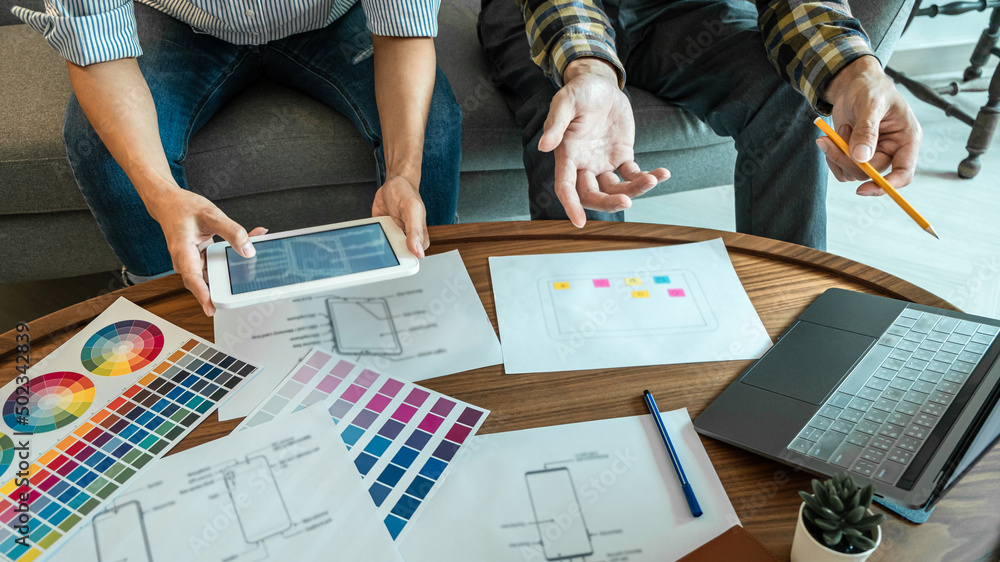 Wall mural professional creative team of web/graphic designer planning, drawing website ux app for mobile phone