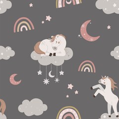 Seamless pattern with cute unicorn sleeping on cloud. Hand drawn magic horn with rainbow, stars and moon. Flat celestial vector illustration. © Nadezhda Mih