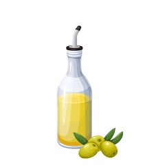 Olive oil or vinegar glass bottle dispenser and green olives with leaves vector illustration.