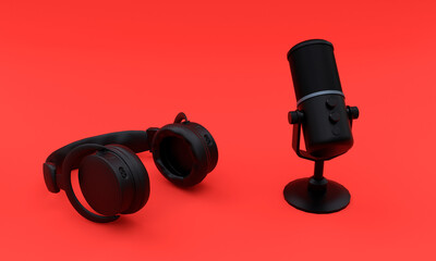 3d illustration, black headphones and microphone on red background 3d rendering