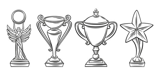 Cups award outline icons set. First place winner, trophy cup, sport award and goblet. Drawn monochrome cup statue high chalice first place. Vector illustration. - obrazy, fototapety, plakaty