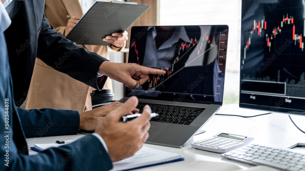 Poster business team partner working with computer, laptop, discussion and analyzing graph stock market tra