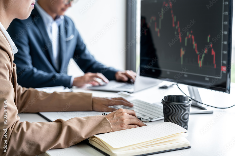 Poster business team partner working with computer, laptop, discussion and analyzing graph stock market tra