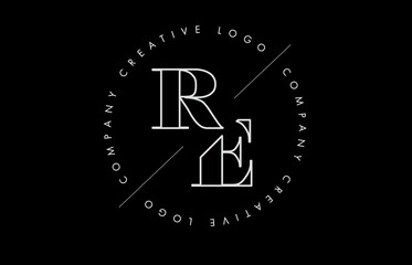 Fototapeta Outline RE r e letter logo with cut and intersected design and  round frame on a black background. obraz