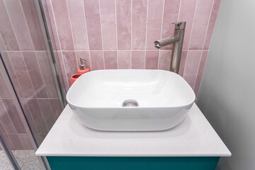 apartment, bathroom, bottles, care, clean, cleanliness, closeup, contemporary, cosmetic, design, equipment, faucet, freshness, gel, interior, metal, modern, pink background, room, shampoo, shelf, show